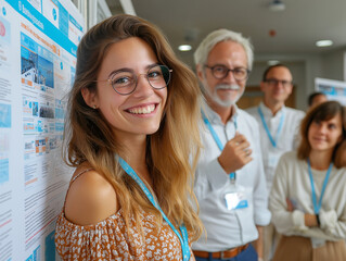Smiling woman at a conference, showcasing confidence and collaboration in research.