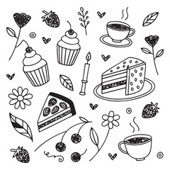 Hand drawn food, candles, drinks and decor doodles vector illustration
