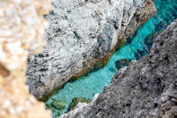 Aerial view of the Island of Porquerolles and the Sentier du Litoral Hiking cliffs and Sailboat Anchorage Beaches