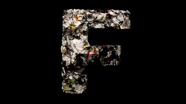 Letter F with cut up newspaper isolated on black loop
