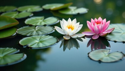 Water lilies and blossoms create a floral pattern on the lake's surface, calm, pond