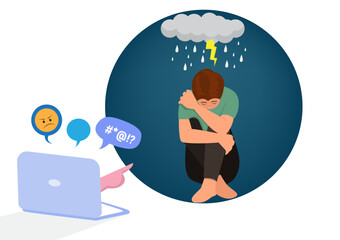 Cyber bullying. Depressed woman sitting on the floor. Opinion and the pressure of society. Shame. Vector flat