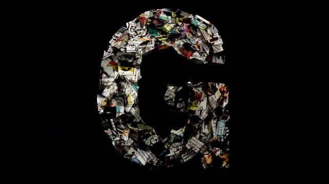 Letter G with cut up newspaper isolated on black loop