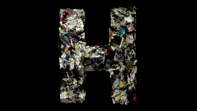 letter H with cut up newspaper isolated on black loop