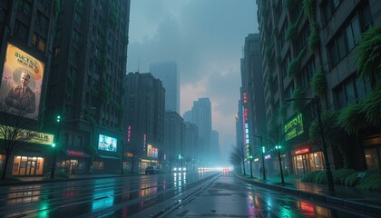 Fototapeta premium Crumbling skyscrapers overtaken by glowing moss, deserted streets, rain, neon signs, eerie twilight, fungal growth.