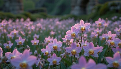 Fototapeta premium Ghost orchids bloom amongst old stone ruins, bathed in twilight, creating a scene of quiet beauty.