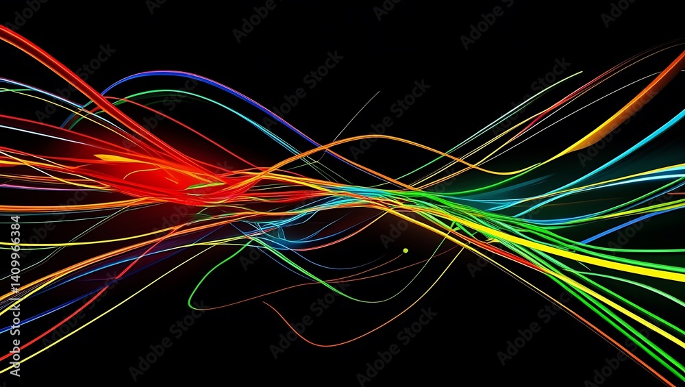 Fototapete Colorful lines in various hues create a vibrant pattern against a solid black background