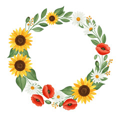 Fototapeta premium Watercolor Sunflower and Poppy Floral Wreath on White 