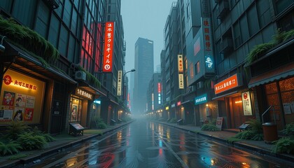 Fototapeta premium Corroded skyscrapers, moss, rain, holographic geishas, neon signs, alleyway, futuristic city scene.