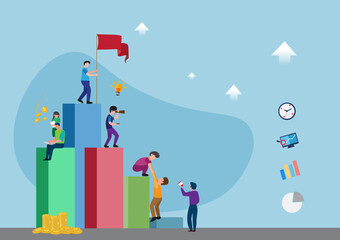 Employees shake hands and help a colleague walk upstairs. Our support team grows together. Teamwork vector illustration