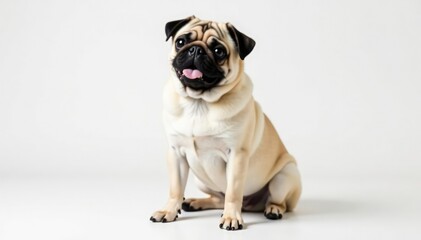 Obraz premium Adorable pug dog sitting, isolated on white background, dog, pug, position
