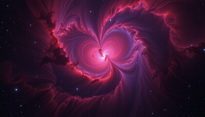 Cosmic nebula swirls in magenta, crimson, and cobalt blue; vast space dust formations glow mysteriously.