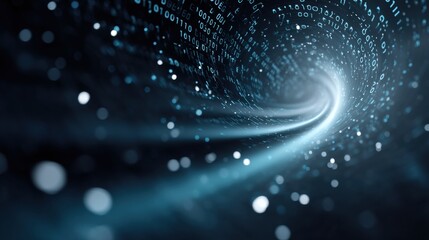 An abstract representation of a digital vortex, with flowing binary code and glowing particles, symbolizing technology and information.