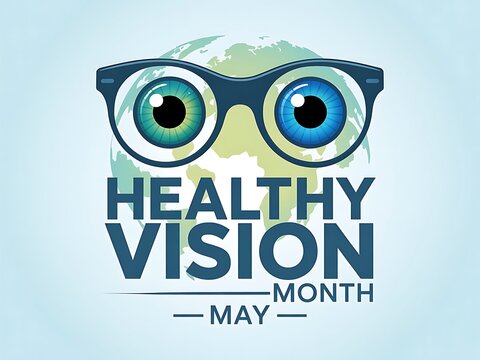 A global eye, playfully peering through spectacles, celebrates Healthy Vision Month in May with a vibrant, earth-toned design.