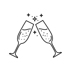 Outline Icon of Champagne Glasses Toasting with Sparkles