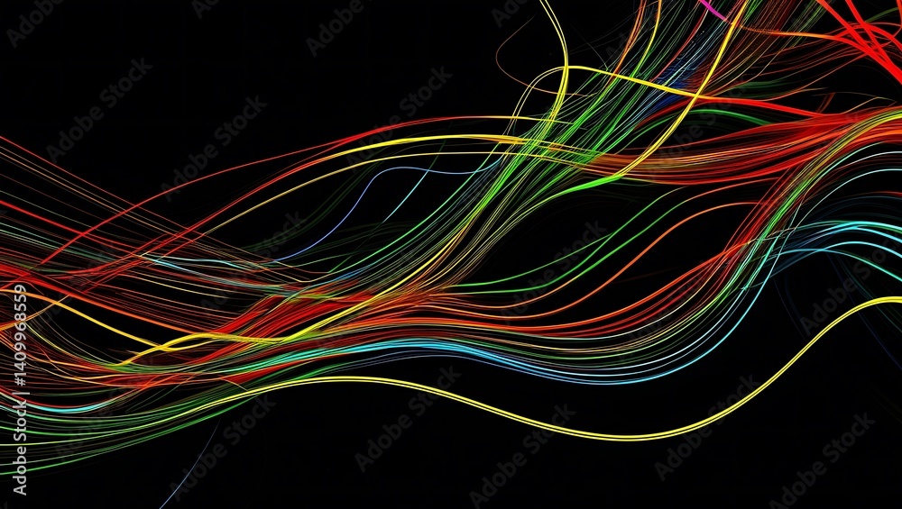 Fototapete Colorful lines in various hues create a vibrant pattern against a solid black background