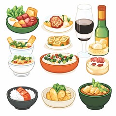 Delicious Asian Dinner Illustration. Colorful Cuisine with Sushi, Dim Sum, and Spicy Tofu - Ultimate Dining Experience