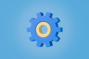 3d Gear wheels icon. Cogwheel, Cog, Mechanical, Gear shape. Customer support, technical support engineering concept. Minimal cartoon blue two gear wheels icon isolated on blue background. 3d render.