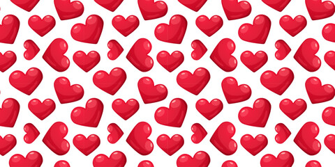 Seamless cartoon pattern with glossy red hearts on a white background. Perfect for Valentine's Day, love-themed designs, romantic greeting cards, and sweet decorative prints.