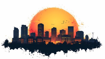 Fototapeta premium Urban Skyline Silhouette at Sunset. Vibrant Cityscape Vector Illustration