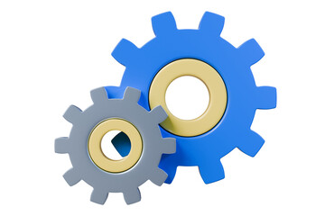 3d Gear wheels icon. Cogwheel, Cog, Mechanical, Gear shape. Customer support, technical support engineering concept. Minimal cartoon blue two gear wheels icon isolated on blue background. 3d render.