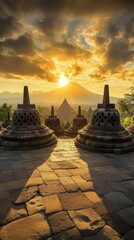 Sunrise over ancient buddhist stupas at prambanan temple complex in indonesia.