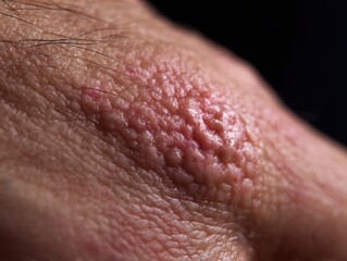 Fototapeta premium Inflamed skin condition on human skin, showing irritation and texture. Ideal for dermatology, medical research, skin care products, and health education.