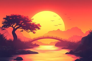 Peaceful Evening Landscape. Vibrant Orange Sky and Bridge Silhouette Reflected in Tranquil River at Sunset