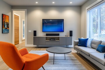Modern Living Room Interior with Orange Armchair, Grey Sofa and TV Decor