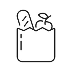 Grocery icon. Shopping bag with bread and apple fruit symbol. Store, supermarket, delivery, promotion, shopping cart. Editabe line