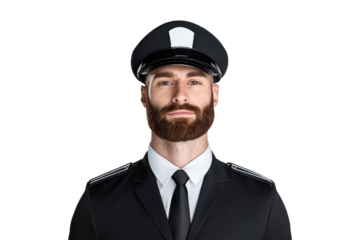 Confident Male Officer in Uniform with Cap, Isolated Background