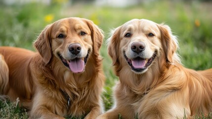 Two cheerful golden retrievers enjoy a sunny day in a lush green field. Their bright expressions and relaxed postures capture the essence of canine companionship and joy.