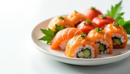 Elegant sushi arrangement on white background, studio, background, japan