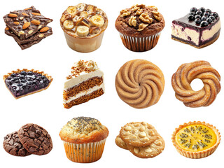 Tempting Array of Delectable Desserts Displayed Artfully in a Bakery Setting, Featuring Cakes, Cookies, Muffins, and Sweet Treats for Every Occasion. Piquant food set.