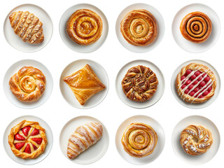 Assorted Delicious Pastries on White Plates Featuring Different Shapes, Colors, and Textures Perfect for Bakeries, Cafes, and Gourmet Food Photography. Piquant food set.