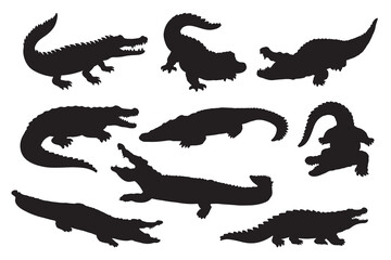 Silhouette of crocodile and alligator vector icon set illustration isolated on white background.