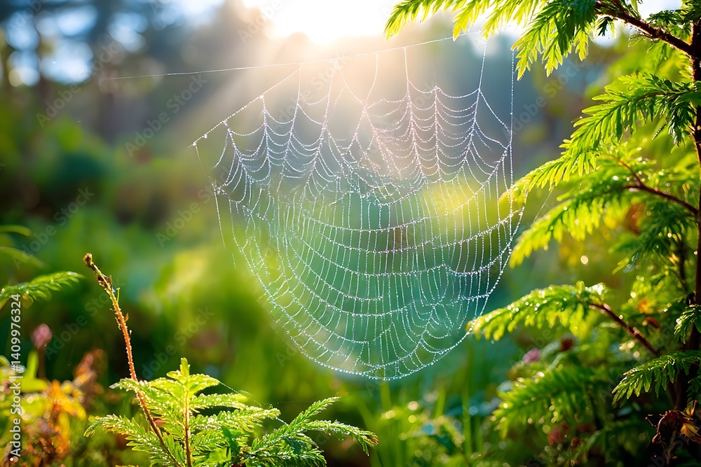 Wall mural spiderweb with dew in sunlight fragile and radian