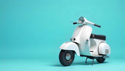 A white vintage-style scooter against a light blue background, advertisement branding of product, created with generative ai