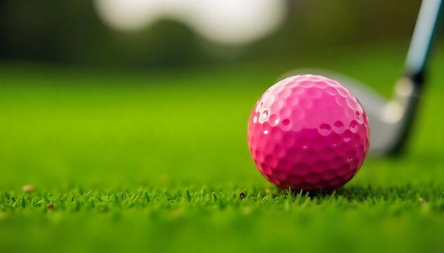 A pink golf ball on a green golf course with a golf club in the background, Women's golf poster, Golf Tournament Flyer Template, created with generative ai