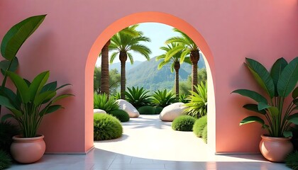 Fototapeta premium A pink arched doorway leading to a lush, tropical garden with palm trees, large boulders, and potted plants, created with generative ai
