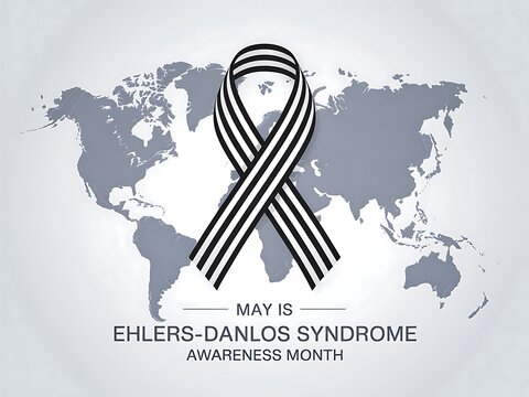 A black and white awareness ribbon signifying Ehlers-Danlos Syndrome awareness, displayed prominently against a muted world map background, raising global awareness for May's EDS Awareness Month.