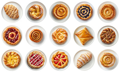 Assorted Freshly Baked Pastries Displayed on Plates, Featuring Swirls, Fruit Fillings, and Flaky Layers, Perfect for Breakfast or Dessert. Piquant food set.