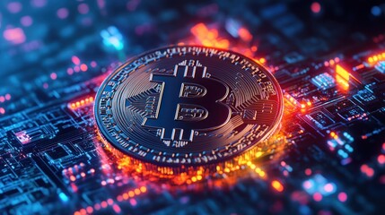 Bitcoin Cryptocurrency Digital Currency on Circuit Board