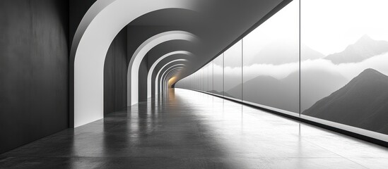 Obraz premium Modern arched hallway with mountain views