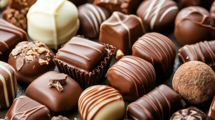 mixed chocolate bar candy of pieces on dark background