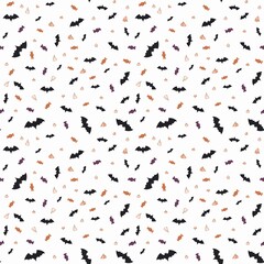 Seamless Halloween pattern with, pumpkins, bats, candy.