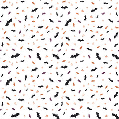Seamless Halloween pattern with pumpkins, bats, candy. Hand-drawn, perfect for children’s Halloween designs without background 