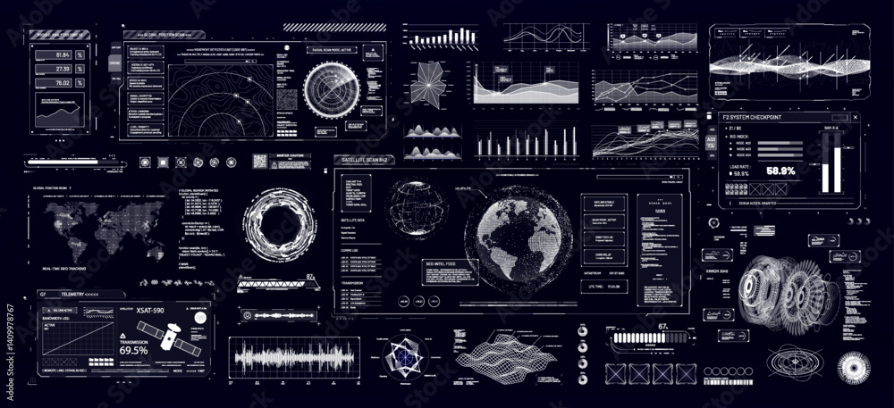 Poster Control system with HUD interface, screen monitor with 3D earth globe, UI frames, charts, diagram, data. Cyberpunk futuristic user interface HUD, UI. Security system interface. Vector FUI graphic set