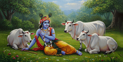 Lord Krishna surrounded by cows in a jungle.