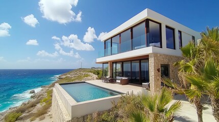 Modern beachfront villa with infinity pool overlooking the turquoise ocean.